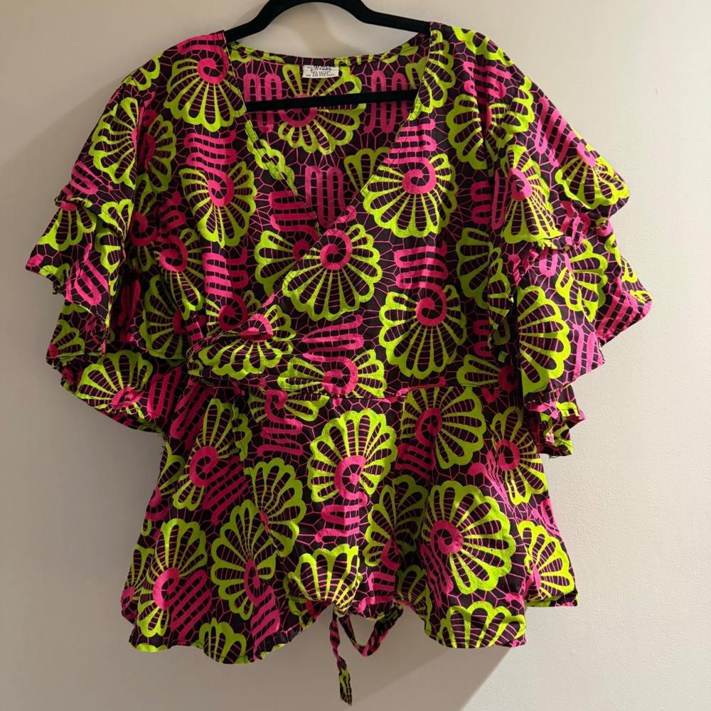 African Stars Wrap Top Womens OS Pink Green Excellent Ruffle Sleeve Ankara Print